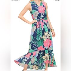 Talbots Hibiscus Tropical Floral Print Midi Maxi Dress Blue Multicolored 16p Nwt Beautiful Tropical Floral Print Sleeveless Maxi Dress From Talbots In Women's Size 16p Women's Dress Is A Beautiful Navy Blue Color With A Bright Tropical Print All Over It. Flattering Fit & Flare Style Dress. V-Neck With Ruffle Trim Around It. Belted Style With A Matching Fabric Belt. High-Low Hem. Ruffle Flounce. Lining In Matching Navy Blue Lining. Dress And Lining Are Both 100% Cotton. Elastic Waist For A Comfy Blue Hibiscus Print Dress For Spring, Blue Spring Dress With Hibiscus Print, Spring Blue Dress With Hibiscus Print, Blue Tropical Print Maxi Dress For Garden Party, Casual Hibiscus Print Maxi Dress, Blue Tropical Maxi Dress With Floral Print, Blue Sleeveless Hibiscus Print Dress, Sleeveless Blue Hibiscus Print Dress, Blue Sleeveless Dress With Hibiscus Print