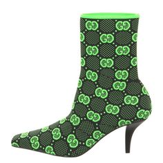 New In Box Black & Green Printed Square-Toes 3 Inch Heel Includes Box Gucci Ankle Boots, Gucci Shoes Heels, Gucci Boots, Sock Booties, Shoes Gucci, High Ankle Boots, Ankle Boots Black, Monogram Pattern, Gucci Leather