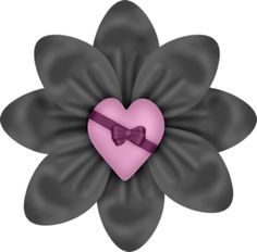 a purple flower with a black heart in the middle and a pink bow on it