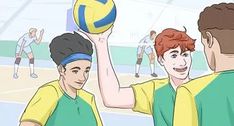 two men are holding up a volleyball ball in front of their head and one man has his arm around the other