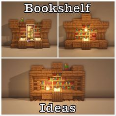 there are two pictures of bookshelf made out of wood and lights in the window