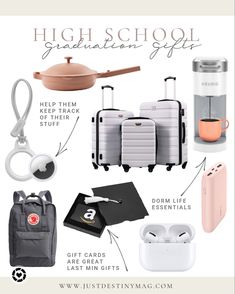 the contents of a high school graduation gift for girls and boys with text overlay