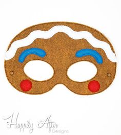 a brown mask with blue eyes on top of a white background and the words happily aftn