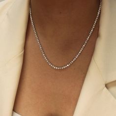 Natural Diamonds Tennis Necklace ( 10.30 ct. t.w. ) in solid 14k Gold, 2.7 mm White Round Diamond 4-Prongs Tennis Necklace Diamond Tennis Necklace, 14k Yellow Gold Necklace, White Gold Necklaces, Tennis Necklace, Travel Jewelry, Rose Gold Necklace, Diamond Sizes, Sparkle Diamonds, White Diamonds