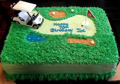 a birthday cake with a golf theme on the side and a car in the middle