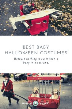 two children in costumes are riding on a wagon with a dog inside and the words best baby halloween costumes because nothing is more than a baby in a costume