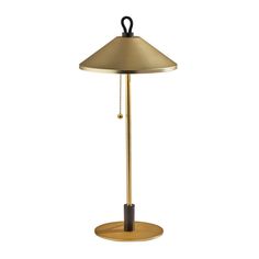 a lamp that is on top of a wooden stand with a black handle and a white background