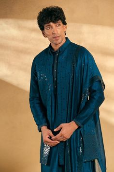 Teal Nehru jacket featuring sequin embroidery all over. Paired with a kurta, pant and an embroidered dupatta. - Aza Fashions Nehru Jacket With Kurta, Nehru Jacket, Sequin Embroidery, Embroidered Dupatta, Nehru Jackets, Sequins Embroidery, Kurta Set, Embroidered Silk, Mandarin Collar