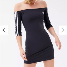 Everyday Mini Dress From Adidas Made From A Stretch Cotton In An Off-The-Shoulder Silhouette. Cut In A Bodycon Fit With Signature 3-Stripes At The Half-Length Sleeves And Trefoil Logo At The Chest. Summer Stretch Adidas Dresses, Casual Off-shoulder Bodycon Dress, Adidas Mini Dress For Spring, Adidas Fitted Mini Dress, Fitted Adidas Mini Dress, Adidas Black Summer Dresses, Casual Adidas Mini Length Dress, Casual Adidas Mini Dress, Casual Adidas Mini Dress For Spring