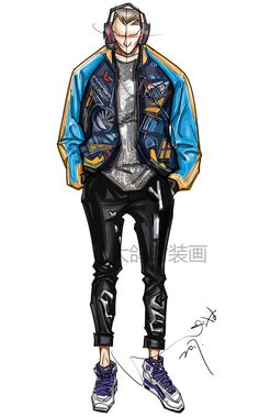 a drawing of a man with headphones on his ears, wearing black pants and a blue jacket