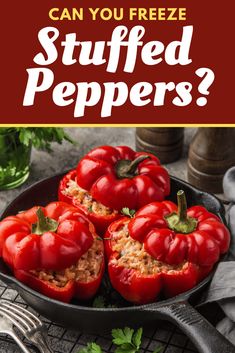 stuffed red peppers in a skillet with the title can you freeze stuffed peppers?