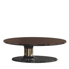 an oval dining table with two pedestals on each side and a round wooden top