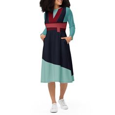 This cute Disneybound dress is made of a premium knit, mid-weight jersey fabric, that is 95% polyester and 5% elastane. It is soft and stretchy, making it perfect for a long day at the theme parks! The fit and flare style dress has long sleeves, a boat neckline, and is midi length, and also features pockets! Be sure to check the size chart before ordering to be sure the dress will fit correctly - it is the last image of the listing. Please note that there may be some slight differences in the wa Summer Long Sleeve Bodycon Dress, Casual Stretch Maxi Dress For Work, Fall Midi Dress In Elastane, Stretch Cotton Midi Dress For Work, Cotton Stretch Midi Dress Knee-length, Stretch Cotton Midi Dress Knee-length, Stretch Cotton Knee-length Midi Dress, Stretch Cotton Dresses For Fall, Spring Casual Midi Dress