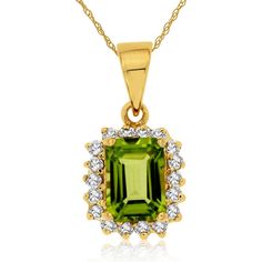 Enchanting 14K Yellow Gold Peridot & Diamond Pendant Luxury Yellow Gold Birthstone Necklace As Gift, Radiant Cut May Birthstone Yellow Gold Jewelry, Yellow Gold Radiant Cut Jewelry For May Birthstone, Radiant Cut Yellow Gold May Birthstone Jewelry, Luxury Yellow Gold Emerald Necklace With Jewels, Gold Peridot Jewelry With Emerald Cut, Elegant Rectangular Peridot Jewelry, Luxury Peridot Solitaire Jewelry, Yellow Gold Peridot Jewelry With Emerald Cut