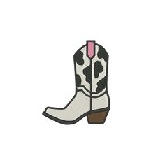 a pair of cowboy boots with pink trimmings on the bottom and black and white cow print