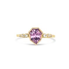 We are truly memorized by this incredible beauty. A unique shape with a stunning pink color this ring is one of a kind and for a very special soul. Set in 14k yellow gold with petite white diamonds it is finished with Emily's hand hammered gold band. Approx stone size: 7mm x 6mm Approx ct weight: 1.05 cts This piece is one of a kind and currently a size 7.5 but can be resized prior to shipping. As always it is handmade with love in Emily's Hudson Valley NY studio. THIS LISTING IS FOR THE SINGLE Pink Diamond Cluster Ring With Accent Stones, Luxury Pink Diamond Ring With Single Cut Diamonds, Oval Pink Jewelry With Single Cut Diamonds, Pink Oval Jewelry With Single Cut Diamonds, Fine Jewelry Pink Cluster Ring With Accent Stones, Pink Diamond Amethyst Ring In Fine Jewelry Style, Yellow Gold Diamond Ring With Pink Sapphire Accents, Pink Round Cut Cluster Ring Fine Jewelry, Elegant Pink Cluster Ring With Rose Cut Diamonds