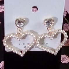 This Is A Pair Of Heart-Shaped Earrings With Tiny Faux Pearls Throughout. They Are Approximately 1.5 Inches Long And 1 Inch Wide. Brand New. Heart Shaped Pearl Earrings, Elegant Heart-shaped Pearl Earrings For Party, Valentine's Day Pearl Earrings For Party, Valentine's Day Pearl Party Earrings, Valentine's Day Party Pearl Earrings, Heart-shaped Pearl Party Earrings, White Pearl Earrings For Valentine's Day Party, Heart-shaped Pearl Drop Jewelry For Parties, White Heart-shaped Pearl Earrings For Party