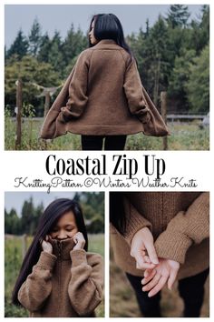 a woman in a brown jacket is talking on her cell phone and the text coastal zip up