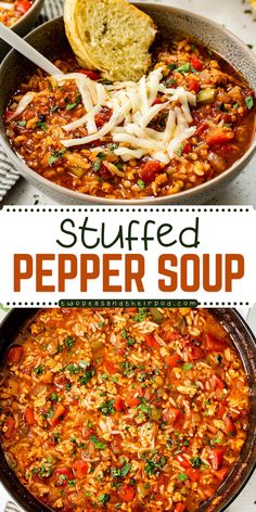 Warm up with Stuffed Pepper Soup, the perfect cozy winter meal! This easy to make one pot meal combines ground beef, rice, tomatoes, and bell peppers into a homemade soup that’s kid friendly and delicious. Cook up a batch and enjoy! Bell Pepper Soup Recipe, Stuffed Bell Pepper Soup, Bell Pepper Soup, Ground Beef Rice, Beef Rice, Hearty Comfort Food, Stuffed Pepper, Pepper Soup, One Pot Meal