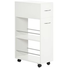 a white cabinet with three drawers on wheels