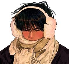 a drawing of a person with black hair wearing a white scarf and a brown jacket