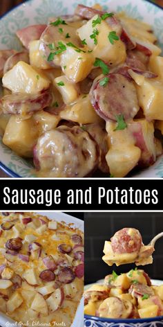 Collage of overhead shot of sausage and potatoes in bowl at top, baking dish filled with sausage and potatoes at lower left and spoonful of sausage and potatoes over bowl of more at lower right. Kilbasa Sausage Recipes, Sausage And Potato Casserole, Smoked Sausage And Potato Recipe, Sausage And Potato Bake, Sausage Potato Casserole, Sausage And Potatoes, Sausage Crockpot, Sausage Recipes For Dinner, Sausage Potato