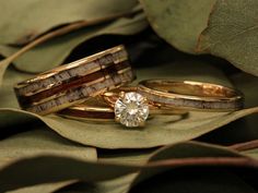 A matching wedding ring set sits on a pile of leaves. These 14K yellow gold rings are from Staghead Designs. On the left is the "Rio" design wedding band in 8mm width with a centered ironwood inlay & two elk antler inlays on either side. On the right is a 4-prong solitaire ring with a moissanite center stone paired with two matching stacking bands - one with elk antler inlay & the other with ironwood inlay. These fully customizable rings can be made with a wide variety of unique materials! Couples Western Wedding Rings, His And Hers Wedding Rings Sets Couples, Deer Antler Wedding Rings Women, Pairing Engagement And Wedding Rings, Antler Engagement Ring Women, Mens Western Rings, Deer Antler Rings Women, Western Style Wedding Rings, Engagement Rings Staghead Designs