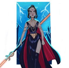 a drawing of a woman in a costume holding a light saber and lightning behind her