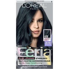 L'Oreal Paris Feria Permanent Hair Color, 411 Downtown Denim, Inspired by fashion, Feria offers a twist on the traditional and gives edgy hair colors from bright red, platinum blonde, rose gold, and metallic brown, to blue-black hair color, these hair dye kits will transform your hair. Feria's prismatic color spectrum is custom-blended by L'Oreal Paris master colorists for bold, head-turning shades - no appointment necessary. Packaging may vary, what you receive may not be what is reflected on s Loreal Paris Feria, Feria Hair Color, Blue Hairstyles, Blue Black Hair Color, Edgy Hair Color, Denim Hair, Blue Black Hair, Korean Hair Color, Bold Hair Color