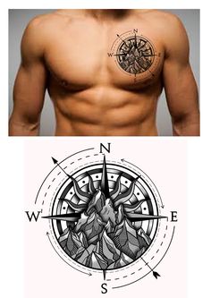 a man's chest with tattoos on it and an image of the same person