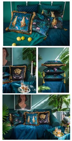 four different shots of pillows and food on a couch in a room with green walls