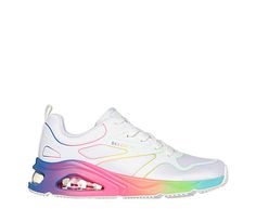 Skechers Street Tres-Air Uno - Rainbow Roads Women s Sneaker You ll look colorful and sporty in the Skechers Street Tres-Air Uno - Rainbow Roads women s Sneaker. With a mesh upper featuring hotmelt overlay details, this lace-up Sneaker also has cool pops of neon color. The Skechers Air-Cooled Memory Foam insole and visible Skech-Air airBag midsole comfort and support your foot, while the outsole provides flexible traction. Mesh/synthetic upper Lace-up closure Air-Cooled Memory Rainbow Color Sporty Sneakers, Rainbow Sporty Sneakers For Summer, Sporty Rainbow Sneakers For Summer, Multicolor Sneakers For Summer Sports, Rainbow Road, Cool Pops, Rack Room, Rack Room Shoes, Neon Color