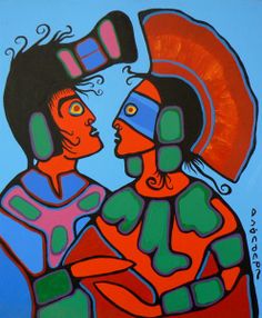 a painting of two people talking to each other