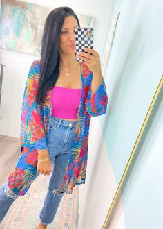 Paradise Awaits' Turquoise Tropical Print Kimono-The gorgeous colors in this tropical print kimono will turn heads! Pops of pink &amp; orange on a turquoise base is beach &amp; Summer days ready! Wear as part of your outfit or as a bathing suit coverup-Cali Moon Boutique, Plainville Connecticut Multicolor Vibrant Print Kimono For Vacation, Multicolor Kimono With Vibrant Print For Vacation, Colorful Summer Kimono With Kimono Sleeves, Vibrant Multicolor Kimono For Vacation, Casual Pink Kimono For Beach Season, Summer Tropical Print Kimono, Summer Tropical Kimono With Tropical Print, Summer Tropical Style Kimono With Tropical Print, Vibrant Print Kimono For Vacation