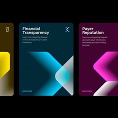 three vertical business cards with the text financial trapanency and payer reputation