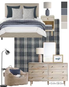 a bedroom with blue and white plaid walls