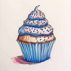 a drawing of a cupcake with blue frosting and sprinkles