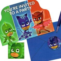 the pj masks party pack includes envelopes, stickers and pens for kids