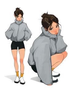 a woman in grey hoodie and black shorts squatting on the ground with her hands behind her head