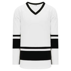 Athletic Knit (AK) H6400 White/Black League Hockey Jersey White Knit Sweater With Contrast Stripes, White Cotton Sweater With Contrast Stripes, Black Fabrics, Share Button, White Blank, Hockey Jersey, Jersey Design, Black Fabric, Hockey