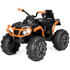 an orange and black toy atv on white background