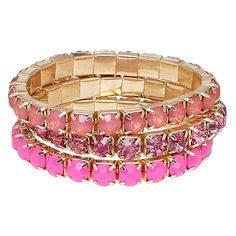 Ready-to-wear bracelet features gold-finished steel and acrylic rhinestones. Finished jewelry is great for gifting or for counter sales. Colors, shapes and sizes may vary in each lot. Pink Metal Bracelets For Party, Pink Adjustable Crystal Bracelet With Rhinestones, Adjustable Pink Crystal Bracelet With Rhinestones, Pink Metal Jewelry With Bling, Trendy Pink Stretch Bracelet For Party, Pink Bling Metal Jewelry, Pink Stackable Beaded Bracelets For Party, Elegant Pink Stackable Stretch Bracelet, Elegant Pink Bling Bracelets