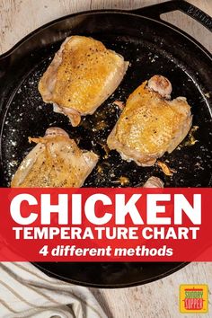 chicken temperature chart in a cast iron skillet with text overlay