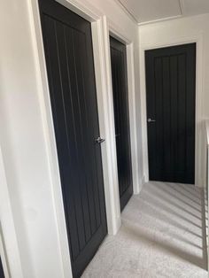 an empty hallway with two black doors and carpeted flooring on either side of the door