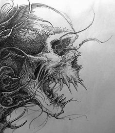 a black and white drawing of a demon