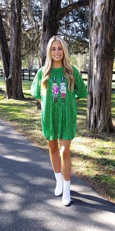 SHIP SAME DAY IF ORDER BY 4 PM. Let your Christmas Sparkle Shine in this Show Stopping Nutcrackers Dress/Top! Wear over jeans or leggings for a Tunic look, Tucked In with Jeans, Shorts or Skirt or wear it with boots or heels as a Dress! Dress is fully sequined on front.  Small - 4-6 BUST - 34"-35" WAIST - 26"-27" HIP - 37"-39" Medium - 8-10 BUST - 36"-37" WAIST - 28"-29" HIP - 40"-41" Large - 12-14 BUST - 38"-39" WAIST - 30"-31" HIP - 42"-43" XL - 16-18 BUST - 40"-41" WAIST -32"-33" HIP - 44"-45 Christmas Sequin Dress, Green Sequin Christmas Dress, Casual Green Christmas Dress, Christmas Dresses Women, Xmas Fits, Christmas Outfit Women, Nutcracker Dress, Christmas Party Outfit Ideas, Roll Dress