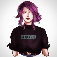 a woman with purple hair wearing a black shirt that says witch on the front and back