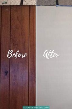 before and after photos of wood paneling with white paint on the bottom, left to right