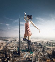 a woman standing on top of a tall building with her legs spread out in the air