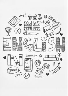 the words english are written in black and white with doodles on top of it